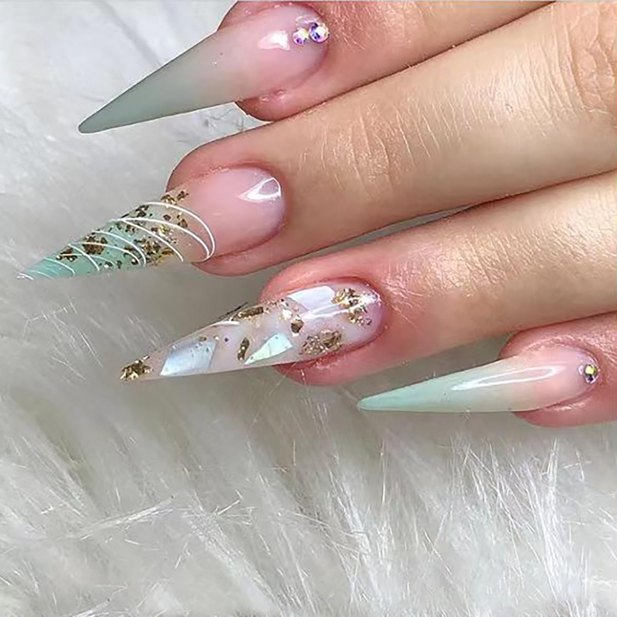 Mouyouglow longs ongles Stiletto laiteux blanc dégradé rose paillettes Cool faux ongles avec colle rose Ombre paillettes ongles artificiels