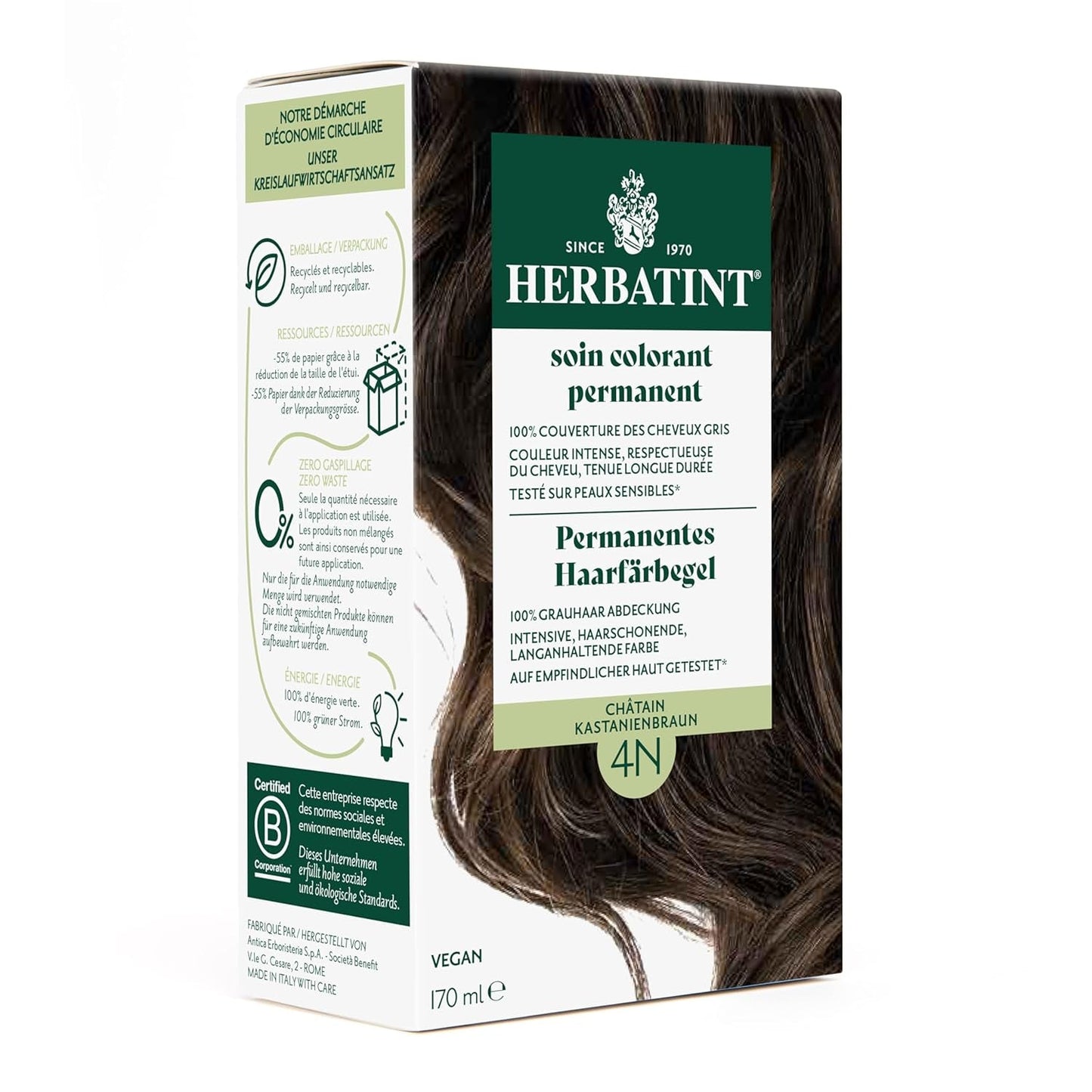 Gel colorant capillaire permanent 6N blond foncé - 170 ml I Sans ammoniaque, couverture à 100% des cheveux gris I Testé sur peaux sensibles, aux 8 extraits végétaux Teinture capillaire Naty Shop 4N châtain