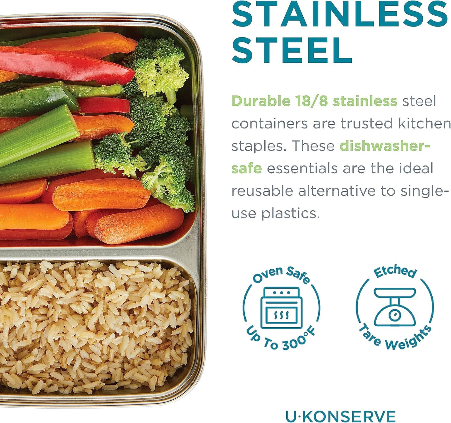 U Konserve - Récipient alimentaire rectangulaire divisé en acier inoxydable avec couvercle en silicone - Bleu sarcelle - Boîtes de conservation des aliments de 28 oz / 825 ml Naty Shop