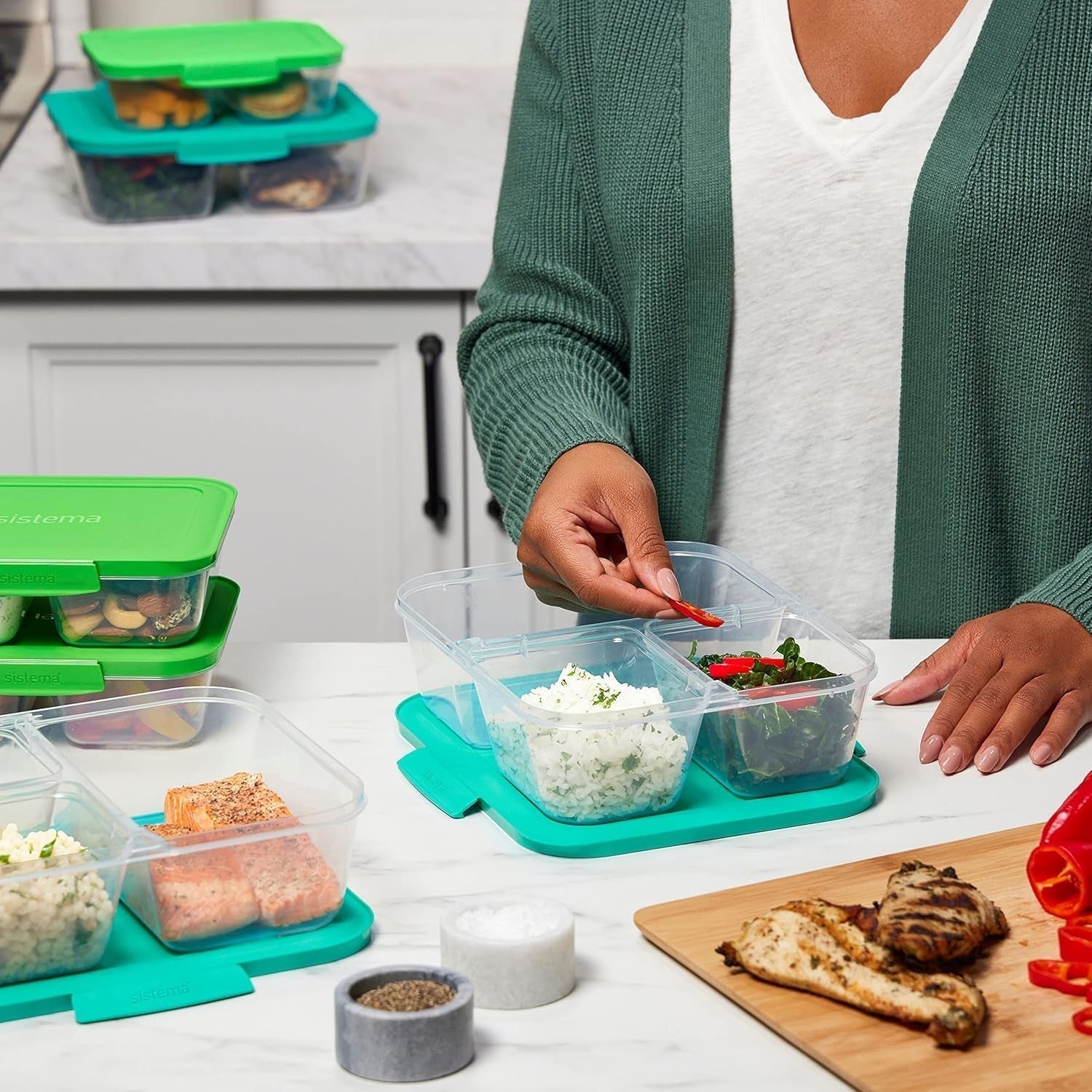 Conteneurs de stockage de nourriture du système Nest IT Boîtes de préparation de repas | Récipients de stockage hermétiques de 1,9 litre avec TROIS compartiments et couvercles | Sans BPA | Vert | 5 pièces boîtes de conservation alimentaire Naty Shop