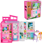 Barbie-Puppenhaus Spielset, Ferienhaus mit 4 Spielbereichen, Darunter Küche, Badezimmer, Schlafzimmer und Lounge, 11 Deko-Zubehörteile, HRJ76