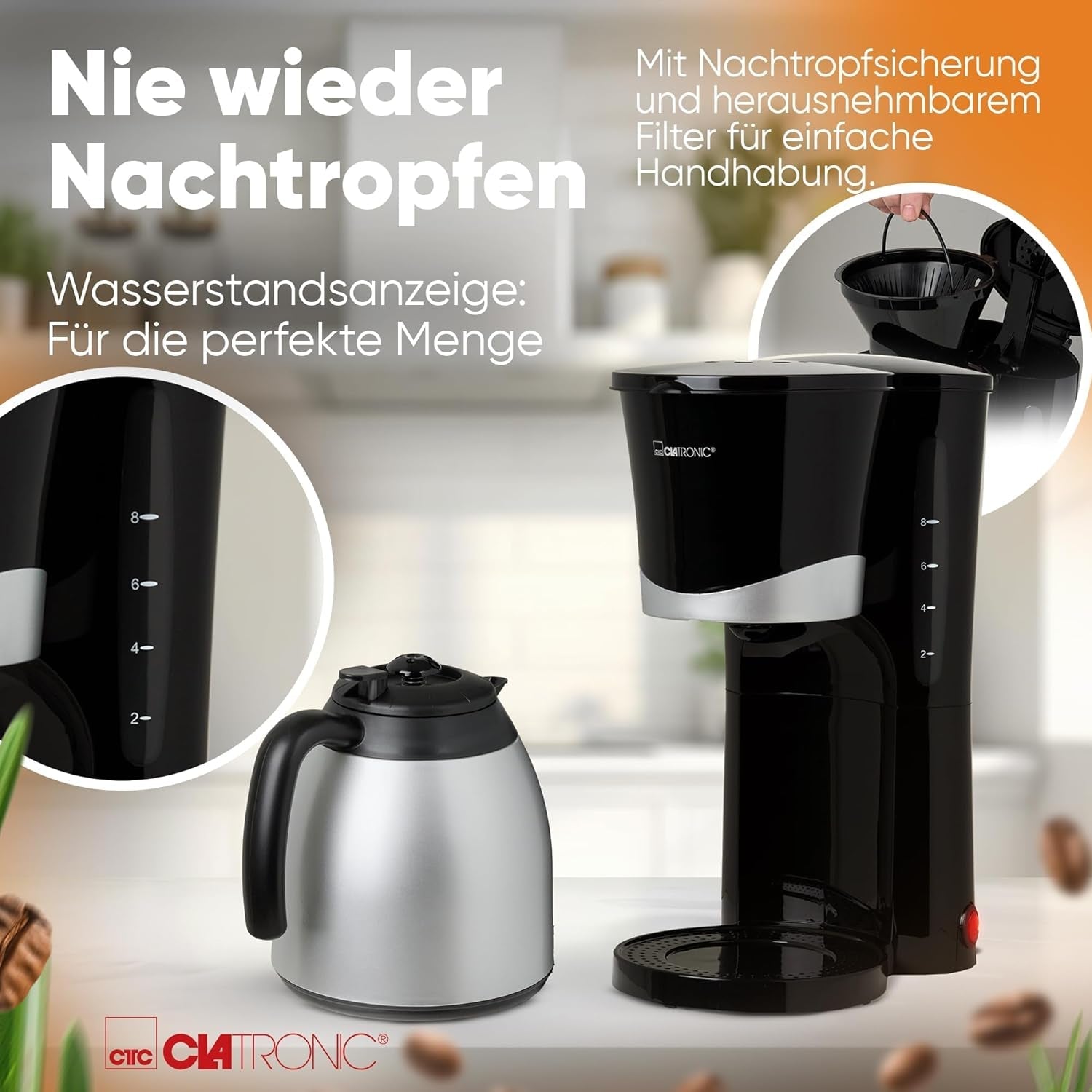 Cafetière Clatronic® avec thermos | pour 8 à 10 tasses de café | sans perte de température | cafetière avec filtre | 1 litre | Expresso | Cafetière filtre avec thermos | KA 3327 noir