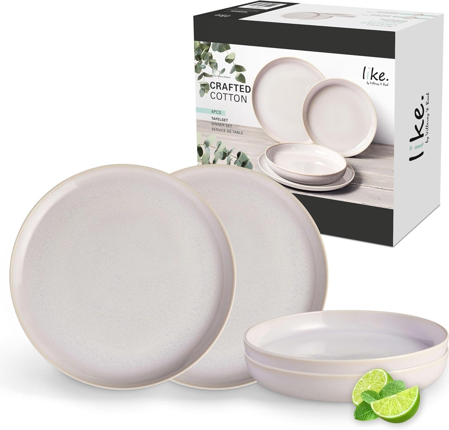comme. de Villeroy & Boch – Service de table en coton artisanal 4 teilig Weiß, Spülmaschinenfest, Mikrowellensicher, Geschirrset, Tafelservice Modern, Speiseteller, Tiefe Teller, Pottery-Look, Premium Porzellan