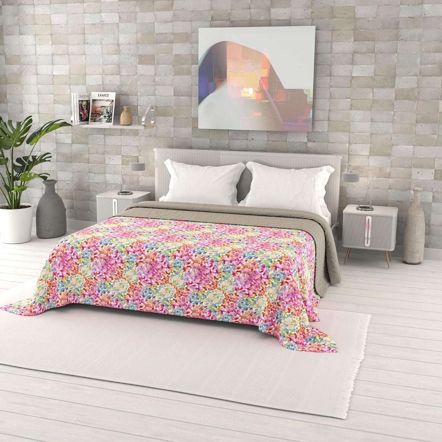 Couette d'été imprimée fantaisie, rembourrage en polyester, pétales, 260 x 270 cm.