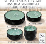 Service de table 24 pièces en grès cérame pour 6 personnes, design Ibiza, GAGNANT DU TEST. Un magnifique ensemble de vaisselle méditerranéenne comprenant des bols et des assiettes. Service de table Pure Living, vert sauge.