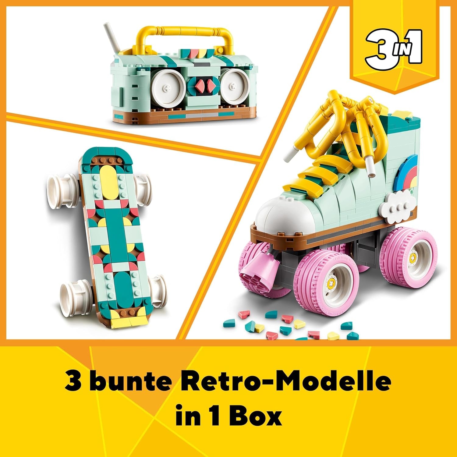 LEGO Creator Patin à roulettes 3 en 1 pour filles et garçons avec mini skateboard et boombox, décoration de chambre rétro, cadeau d'anniversaire pour 8 ans 31148 Ensembles de construction Besuche den LEGO-Store