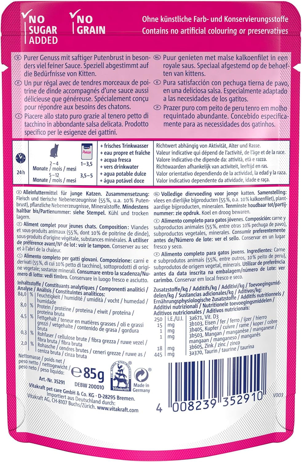 Vitakraft Poésie Délice, Junior, Nourriture humide pour chats, Nourriture humide en sauce, à la dinde, Multipack, pour jeunes chats, Sans sucre ni céréales ajoutés (23 x 85g)