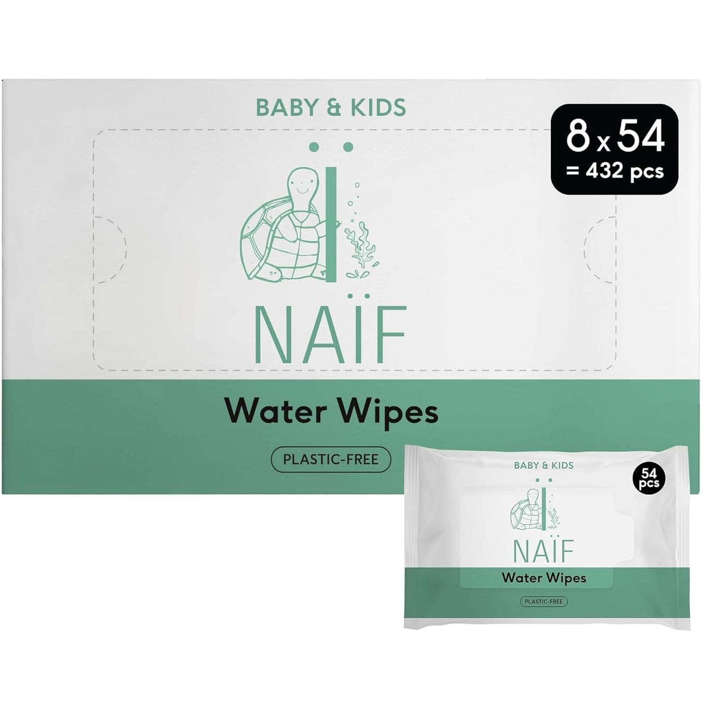 Naïf Feuchttücher sans plastique 432 pièces (8Er X 54 Feuchttücher) - Pflege Für Babypo, Körper Und Gesicht - 99% Aus Wasser - 0% Parfum et alcool - Nachhaltige Feuchttücherbox Eukalyptus Sensitiv Naty Shop 54 Stück (8Er Pack) Eau