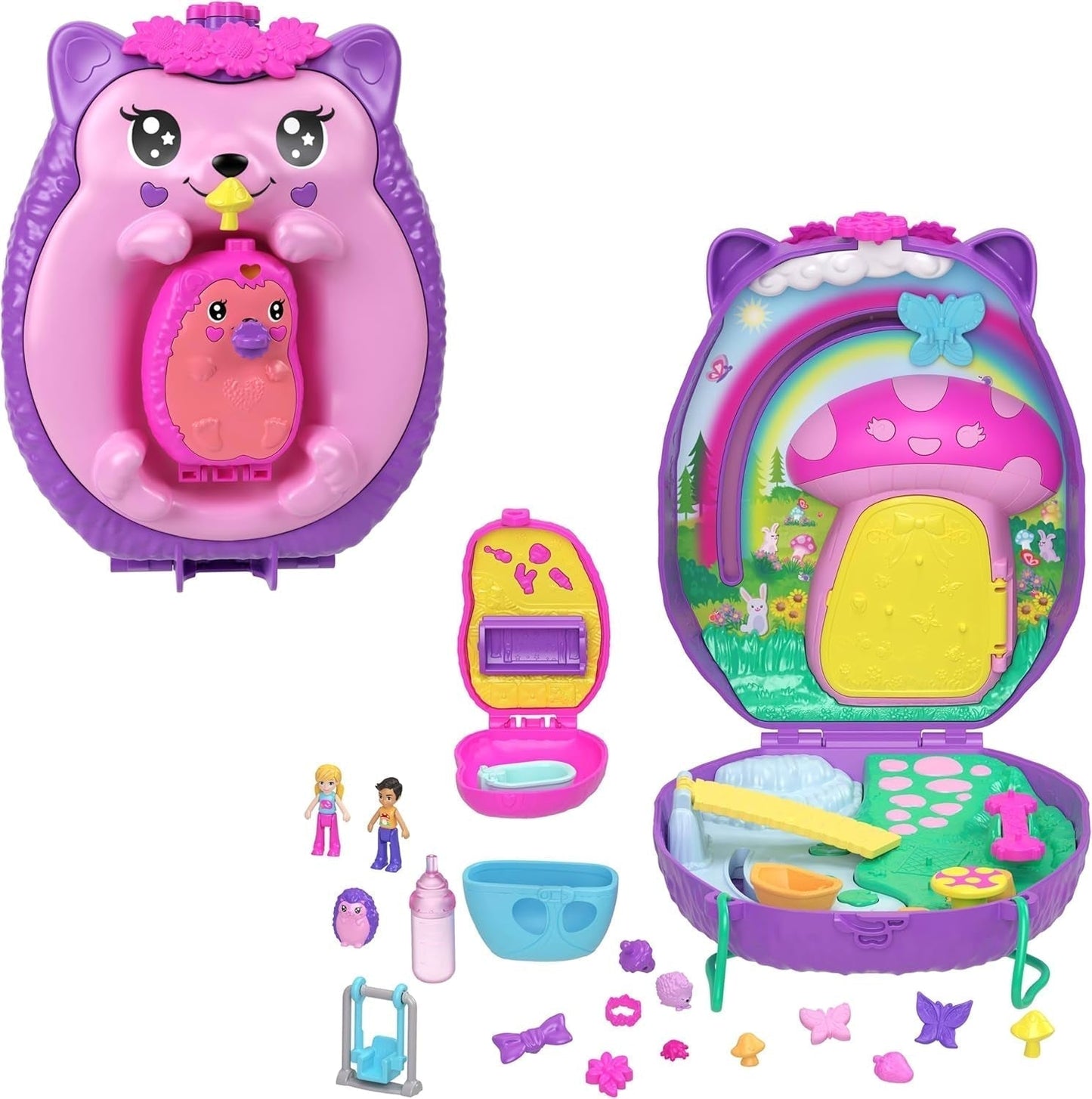 Polly Pocket GKJ64 - Boîte de poche portable en forme d'ananas avec 8 fonctionnalités amusantes, des poupées Polly et Purple, 2 accessoires et une feuille d'autocollants ; jouet pour enfants à partir de 4 ans Pupusi Naty Shop Mamma hérisson enfant
