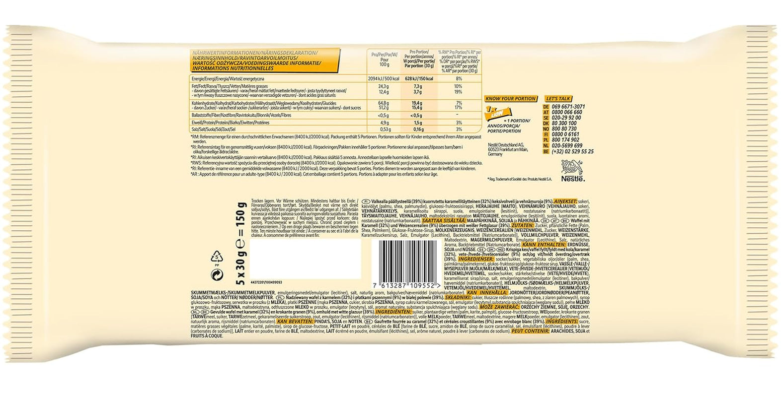 Nestlé LION Multipack, barres de chocolat avec glaçage blanc, délicieux fourrage au caramel et gaufrette croustillante, paquet de bonbons en vrac, 1 paquet (5 x 30 g)