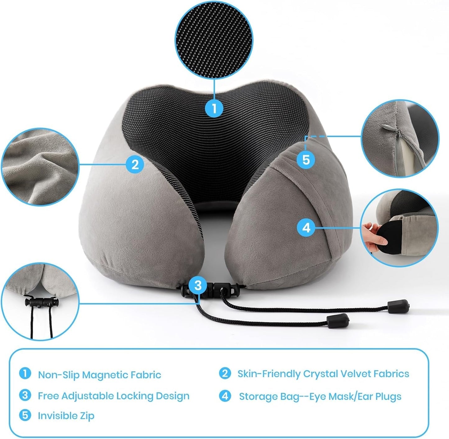 Good Nite Oreiller cervical Oreiller de voyage Oreiller de voyage pour adulte Oreiller de voiture Oreiller de maison Oreiller de tête Ergonomique Mousse à mémoire de forme Lavable avec dos étroit Oreillers de voyage gris réglables Naty Shop