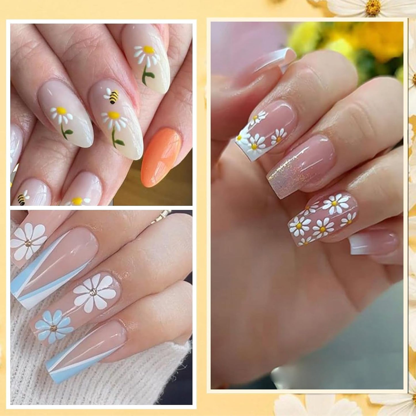 Autocollants pour ongles effet 3D, 12 feuilles, durcissement UV, fleur longue durée, autocollants pour ongles, marguerite jaune et blanche, pour Nail Art