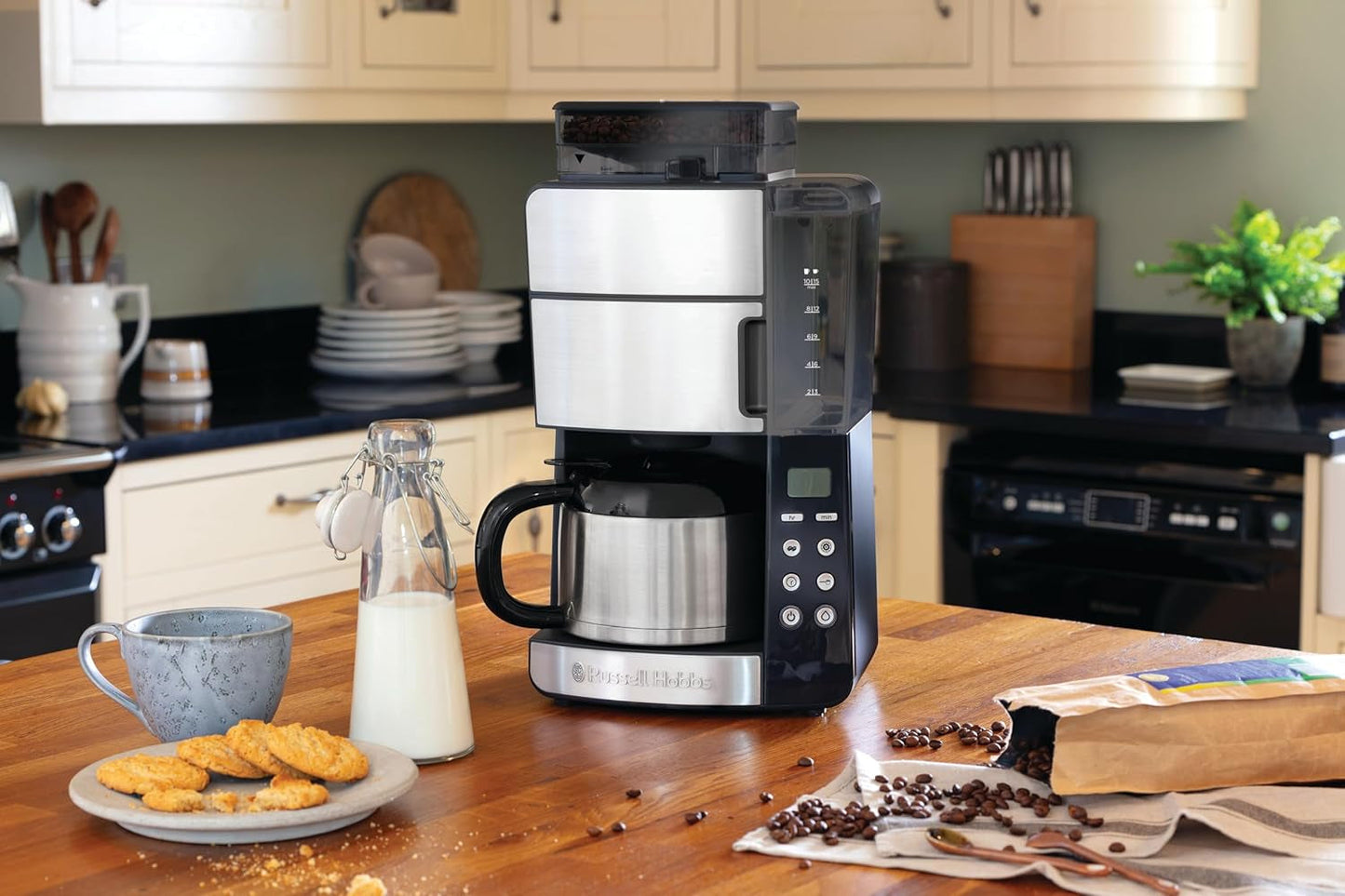 Russell Hobbs Cafetière avec moulin et carafe thermique [minuterie numérique, pomme de douche pour une extraction et un arôme optimaux] Grind&Brew (1-10 tasses, 3 réglages de mouture) Cafetière à filtre 25620-56