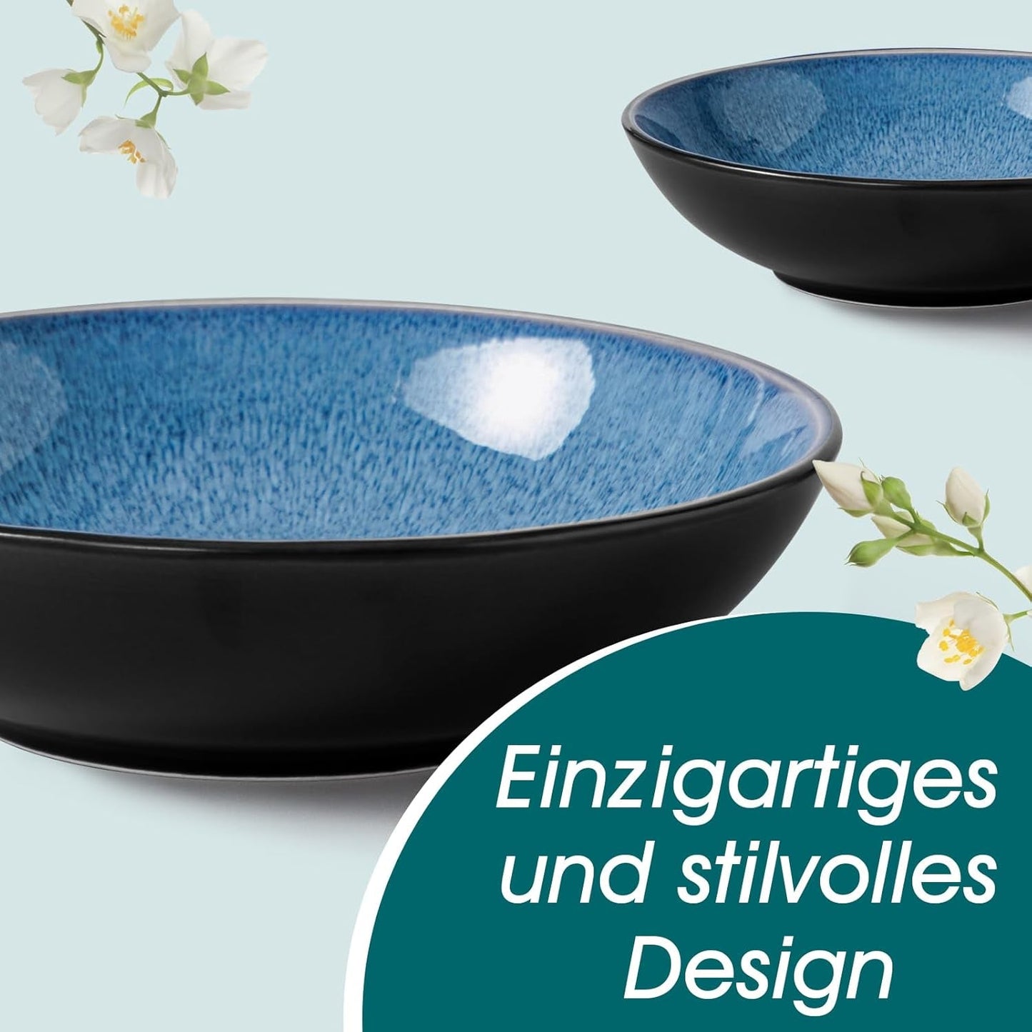 Service de table pour 6 personnes Vancasso PLAYA Service de table en porcelaine 24 pièces pour 6 personnes Bleu comprenant assiettes, assiettes Suma, bols et assiettes à salade Passe au lave-vaisselle et au micro-ondes