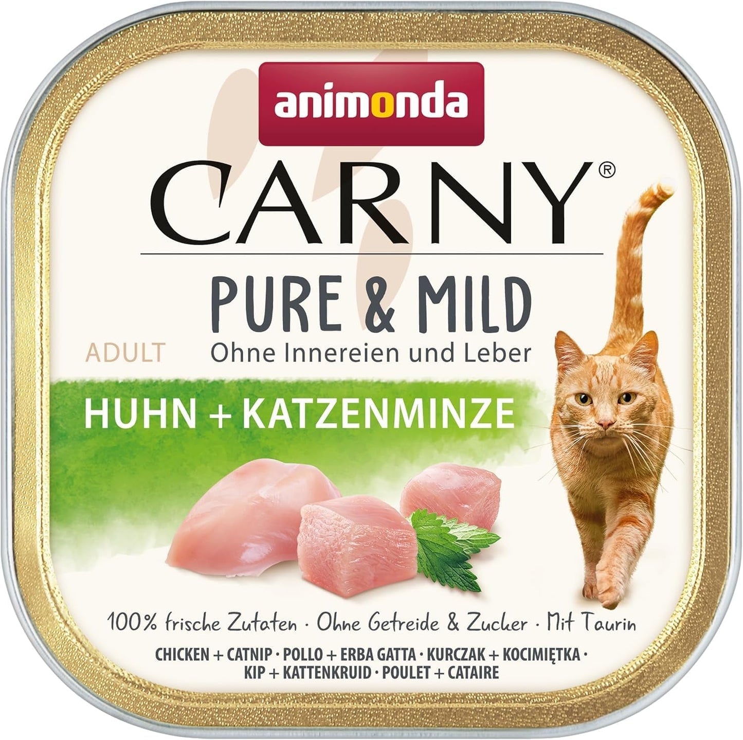 Nourriture humide pour chat Adult Pure & Mild au poulet et à l'herbe à chat (32 x 100 g), pour chats sensibles, sans céréales et sans sucre, nourriture humide au poulet facile à digérer