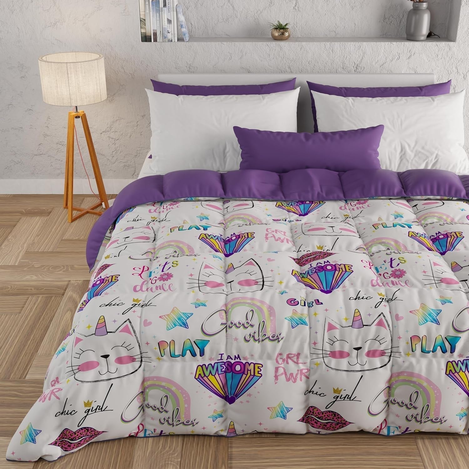 PETTI Artigiani Italiani - Couette d'hiver, Couette d'hiver, Double face, Impression monochrome et numérique, microfibre 100% hypoallergénique, Made in Italy Couettes et couettes Naty Shop Chatons filles 160 X 190 Cm