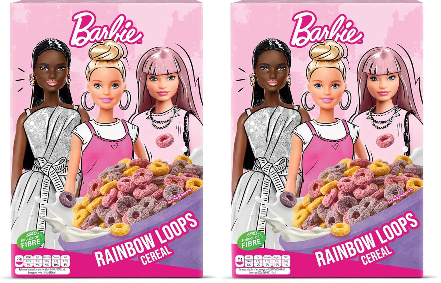 Céréales Barbie Rainbow Loops, anneaux colorés de blé, d'avoine et de maïs au goût de fruits pour un petit-déjeuner parfait, 1 paquet (1 x 350 g)