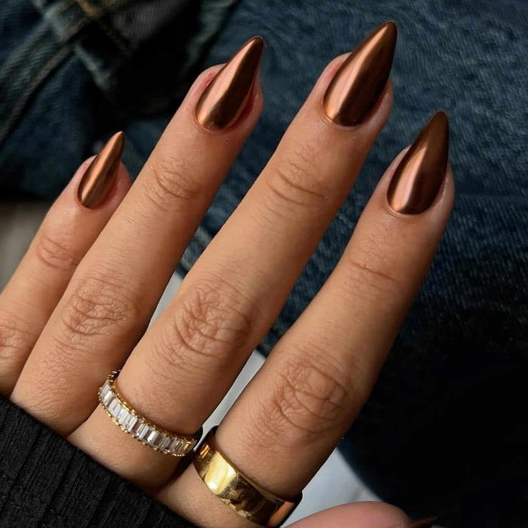 Ongles Chromés Autocollants - Colle Pailletée Brun Amande Moyen Sur Les Ongles Faux Ongles Pailletés Colle Sur Ongles Artificiels Ongles Acryliques Vernis Pour Femme 24 Pièces