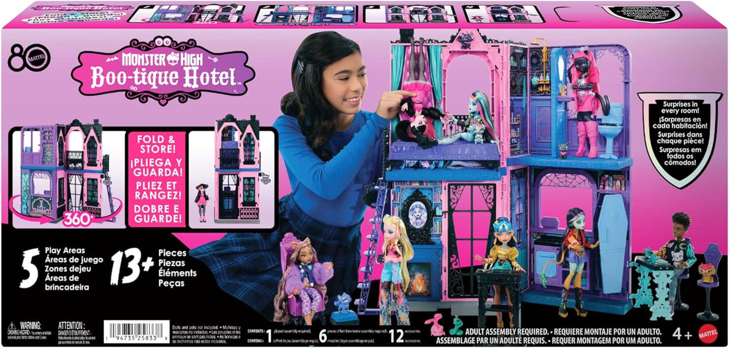 Monster High Buh-tique Hotel Dollhouse, ensemble de jeu pliable avec des surprises effrayantes dans chaque pièce et plus de 13 ensembles de jeu, y compris des meubles et des accessoires, JBF16