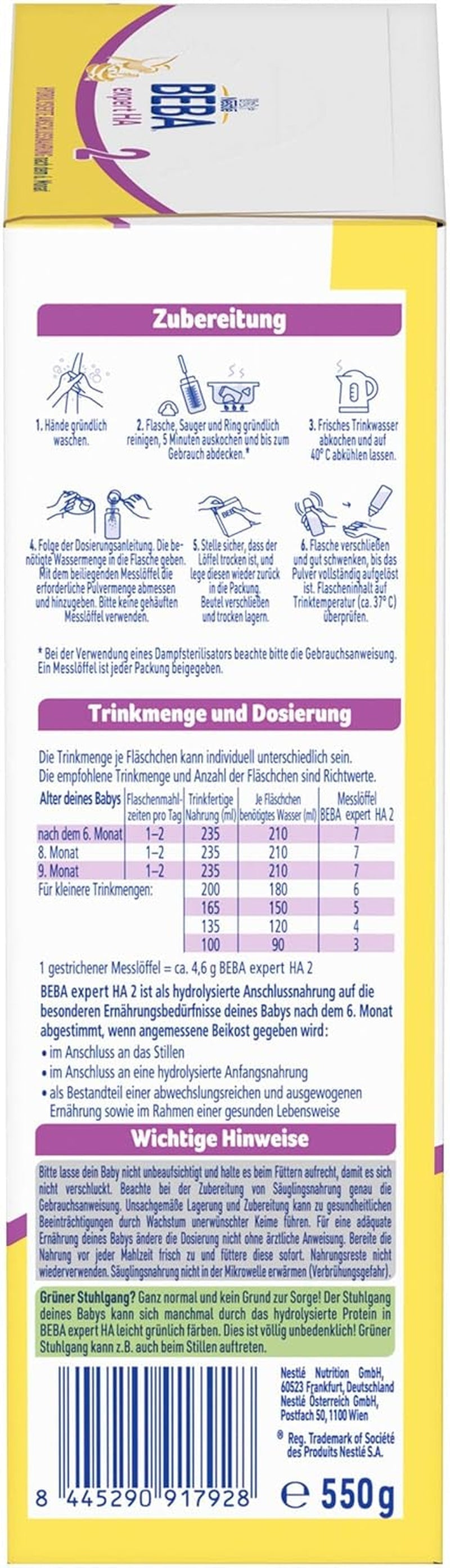 BEBA Expert HA 2 Lait de suite après 6 mois, aliment bébé aux protéines hydrolysées, lactose uniquement, sans huile de palme, lot de 6 (6 x 550 g) Naty Shop