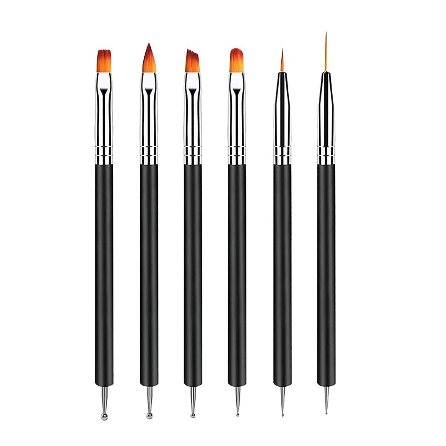 6 pièces Double-Ende Nagel Pinsel, Nageldesign Pinsel, Double-Ende Nail Art Pinsel Kit Professionnel Maniküre Werkzeuge Kit (Noir)