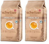 Schwiizer Schüümli Crema Doux, 100 % grains de café Arabica de qualité supérieure, fruité et noisette, pour machines à café entièrement automatiques, intensité 2/5, torréfaction légère, certifié Rainforest Alliance, 1 kg (lot de 2)