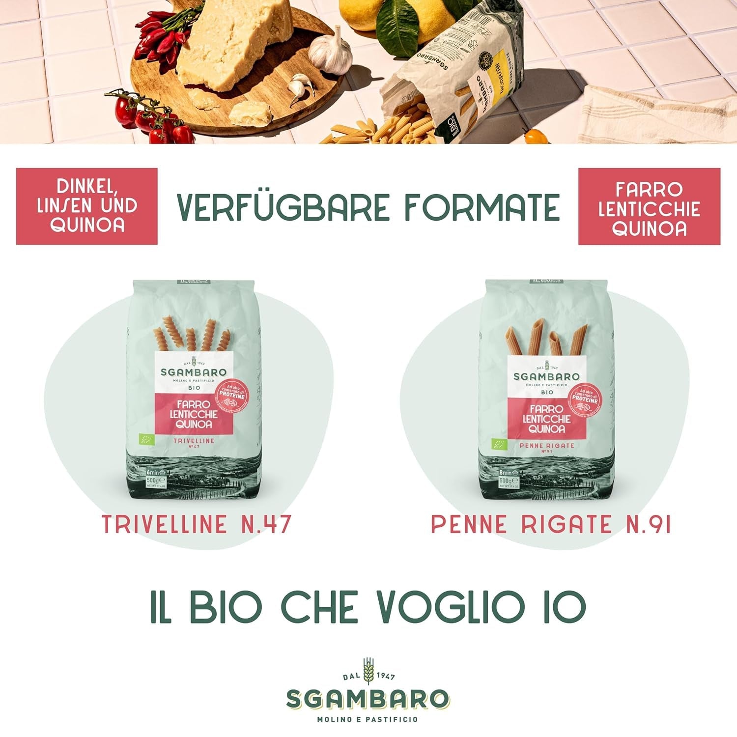 Pâtes Penne Rigate Bio N.91 - 500g à la farine d'épeautre, farine de lentilles et farine de quinoa - Riches en protéines, source de fibres et de protéines