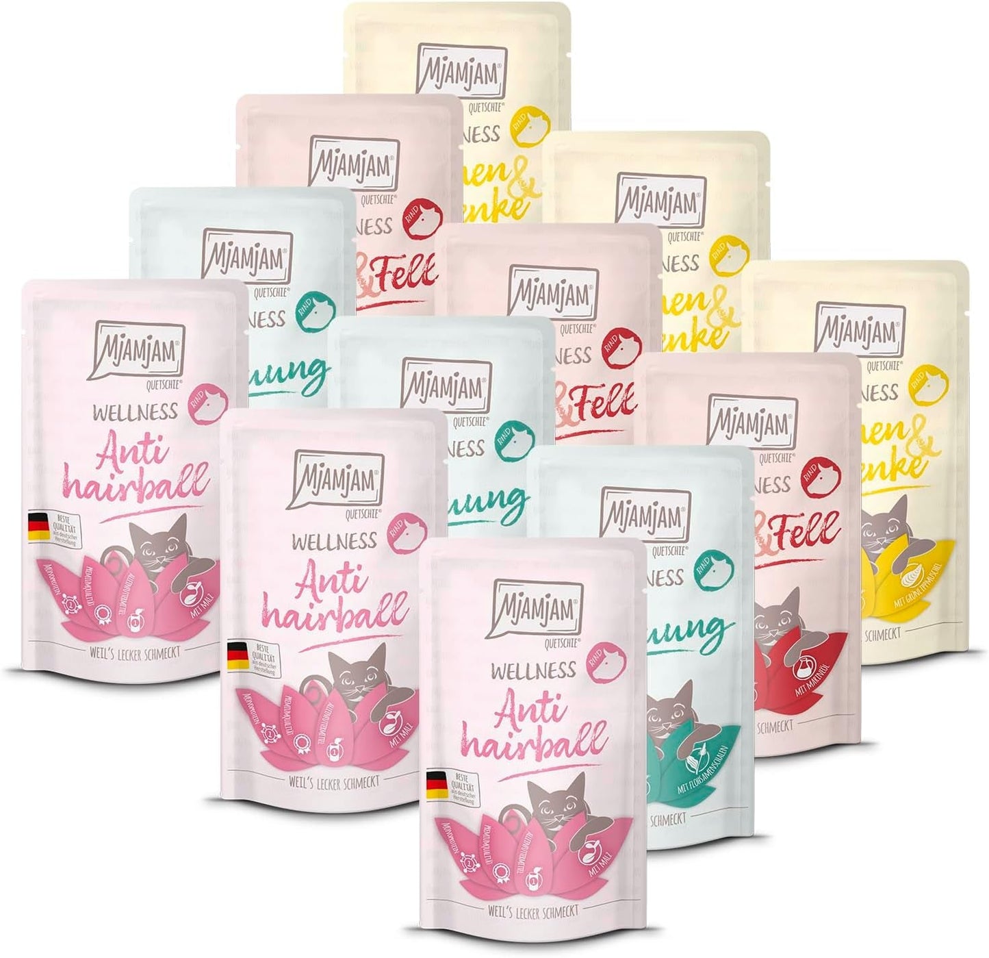 MjAMjAM - Nourriture humide de qualité supérieure pour chats - Pack bien-être au bœuf, paquet de 12 (12 x 125 g), sans céréales avec viande supplémentaire