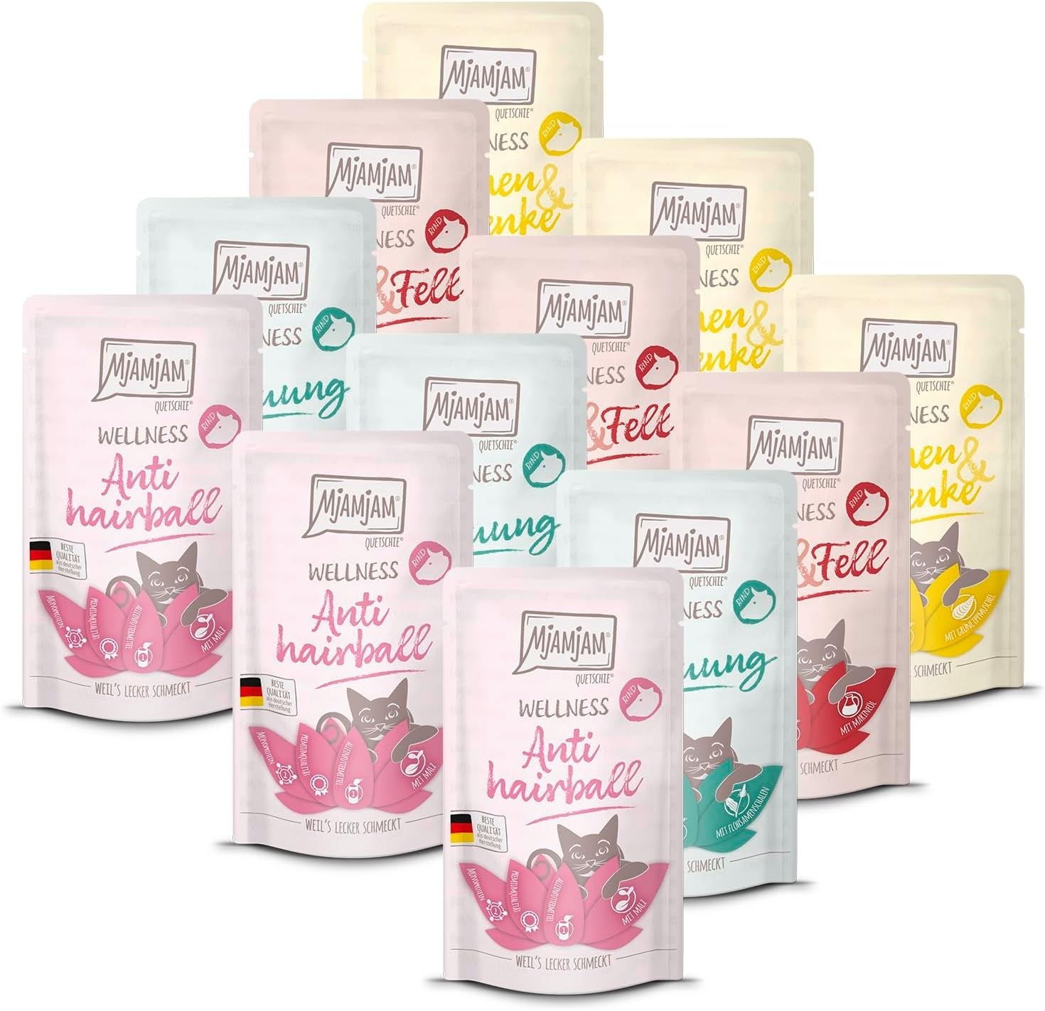 MjAMjAM - Nourriture humide de qualité supérieure pour chats - Pack bien-être au bœuf, paquet de 12 (12 x 125 g), sans céréales avec viande supplémentaire