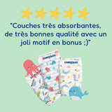 - Couche taille 4 (7 – 18 kg) – pour peaux sensibles – naturelle et très absorbante – étanche 12 heures – ohne unerwünschte Inhaltsstoffe – fabriquée en France – 132 couches