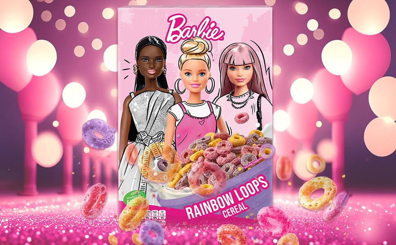 Céréales Barbie Rainbow Loops, anneaux colorés de blé, d'avoine et de maïs au goût de fruits pour un petit-déjeuner parfait, 1 paquet (1 x 350 g)