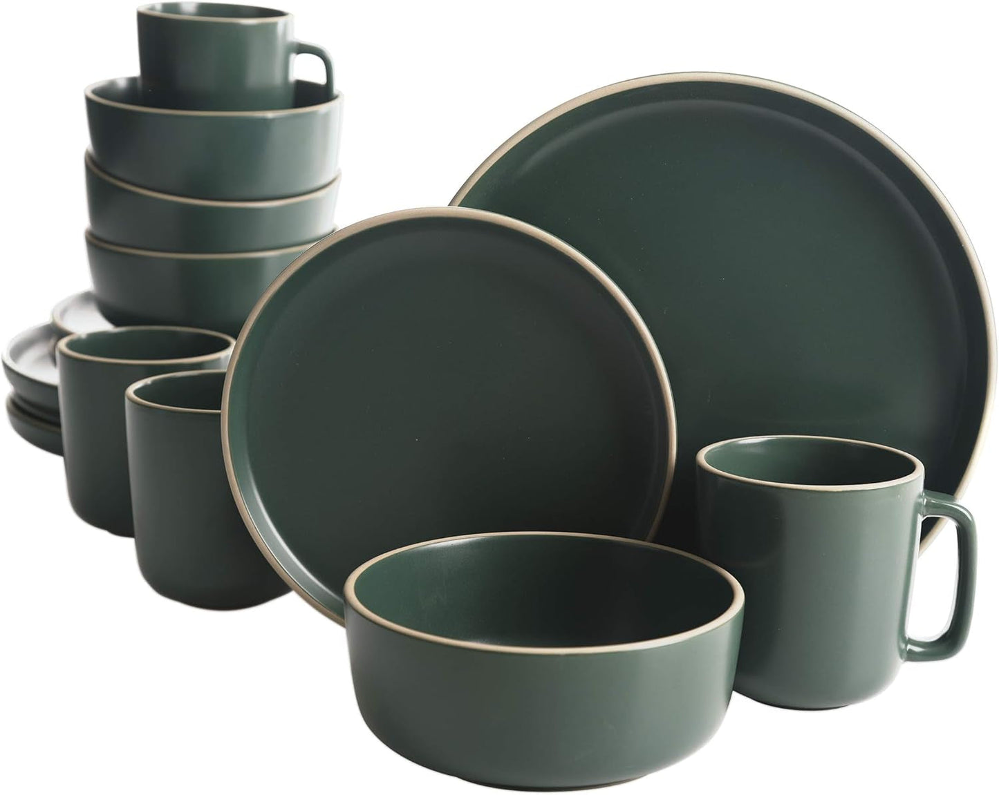 Zuma Ménagère ronde 16 pièces, assiettes, bols, tasses, couverts, service pour quatre (16 pièces), vert