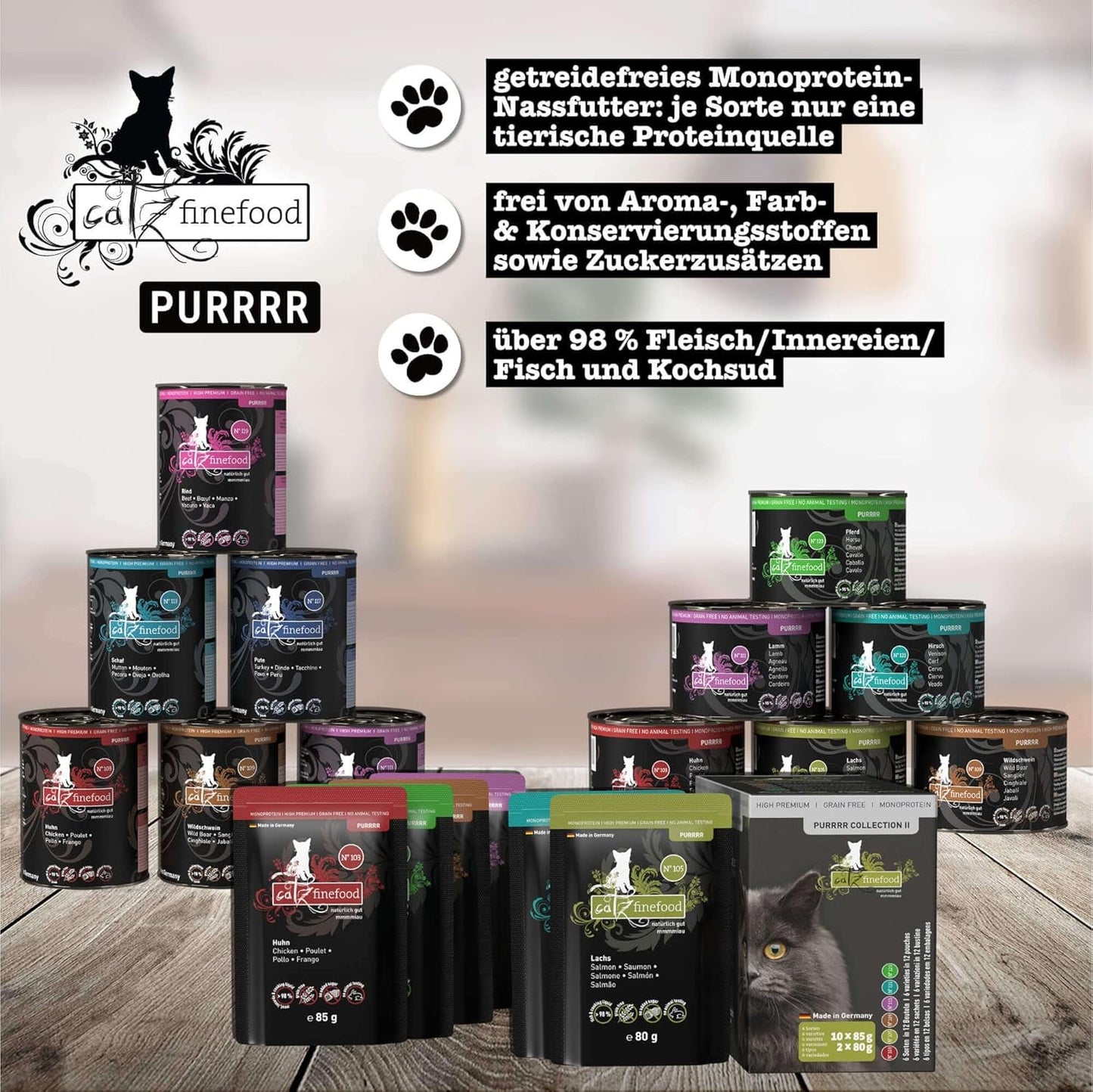 Nourriture humide pour chats Catz Finefood Purrrr Horse Monoprotein no. 123, pour chats à digestion sensible, 70% de viande, 6 boîtes x 400 g