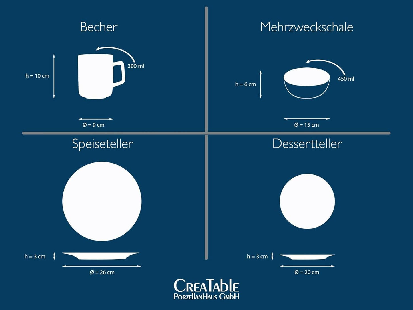 CreaTable, 20149, Nordic Fjord Blue Series, service de table 16 pièces pour 4 personnes, service combiné en porcelaine, passe au lave-vaisselle et au micro-ondes, fabrication de qualité