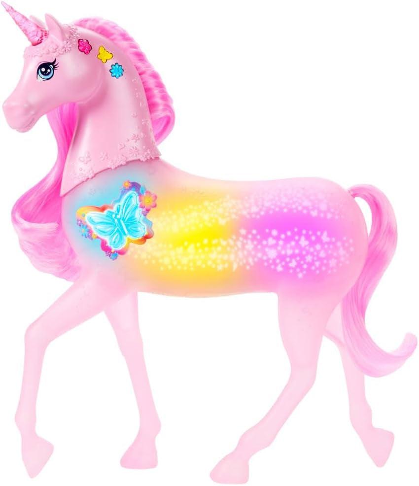 Licorne Barbie qui brille dans le noir avec 20 combinaisons interactives d'effets lumineux, sonores et musicaux pour jouer avec des boutons-poussoirs et des coups de tête, JCP78