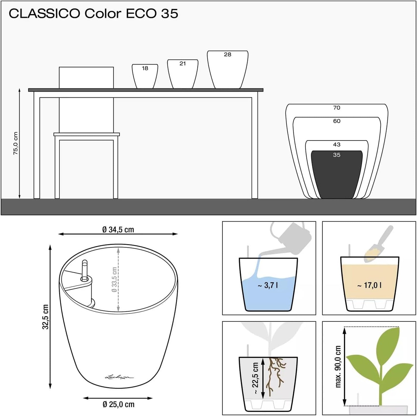 LECHUZA Pot de Fleur Classico Color ECO 35 Gris Clair avec Système d'Arrosage et Indicateur de Niveau d'Eau | Fabriqué en plastique 100 % recyclé | Finition mate | Ø 34,5 x 32,5 cm | 18930