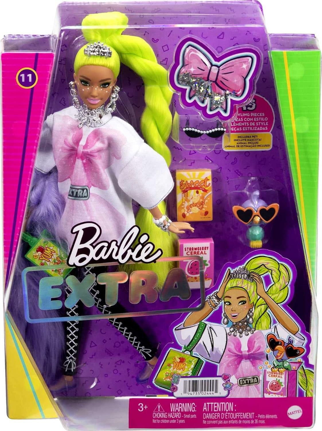 Barbie HDJ44 - Poupée supplémentaire #11 en T-shirt et leggings surdimensionnés avec papiers peints de haute qualité, cheveux et accessoires très longs neongrünes, vêtements flexibles, jouets pour enfants à partir de 3 ans