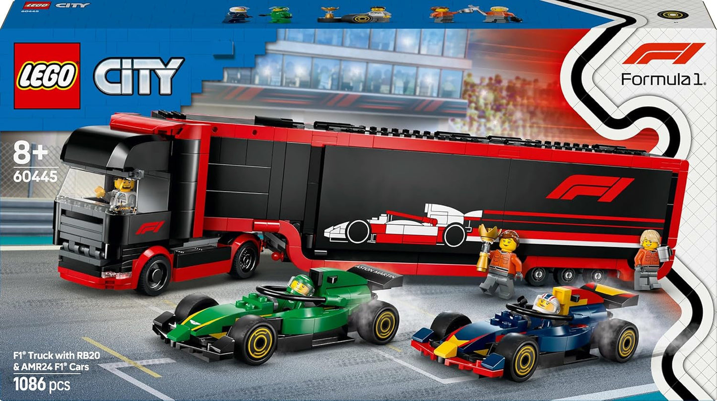 LEGO City F1 Transporter avec voitures de course F1 RB20 et AMR24 - Transporteur de voitures miniatures pour les équipes de Formule 1 Red Bull et Aston Martin - Incl. 5 figurines - Cadeau pour garçons et filles à partir de 8 ans 60445 Jeux de construction Besuche an LEGO-Store