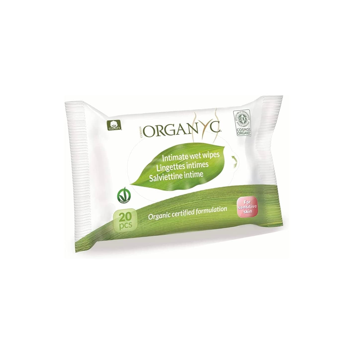 Lingettes intimes Organyc Moist, fabriquées à partir de coton biologique certifié à 100 % - 4 paquets de 20 lingettes (80 lingettes au total)