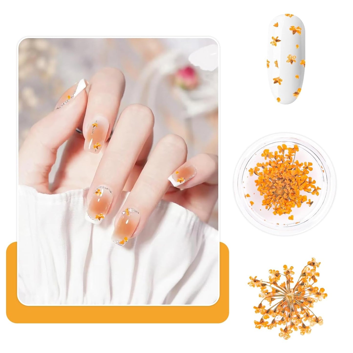 Nail Art Flowers Set Décoration - Gelnägel Zubehör 3 Farben (Orange, Blassrosa, Rose), Nail Art Aufkleber Trockene Blumen Kit Getrocknete Blumen Zubehör Set DIY Nageldekoration