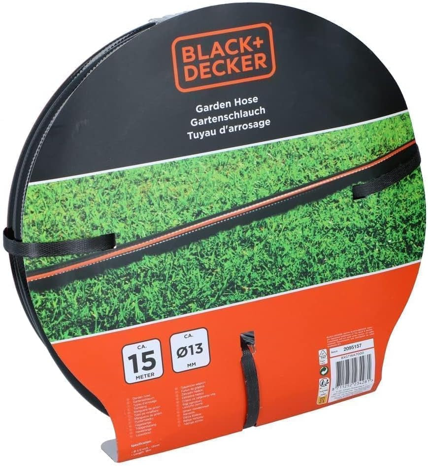 Tuyau d'arrosage BLACK+DECKER 15 mètres - Ø13MM - PVC résistant - Arrosage du jardin, lavage de la voiture, remplissage de la piscine - Compatible avec tout robinet standard - Noir/Orange