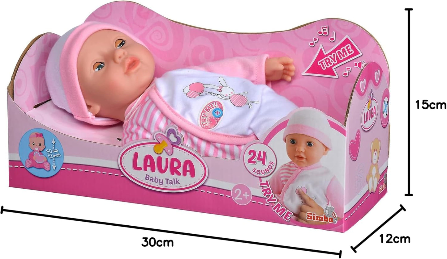 Simba 105140020 - Poupée au corps doux My Love Baby Talk avec des yeux endormis dans une jolie robe qui fait 24 sons de bébé Poupée bébé de 30 cm à partir de 2 ans Blanc Rose Naty Shop Dolls