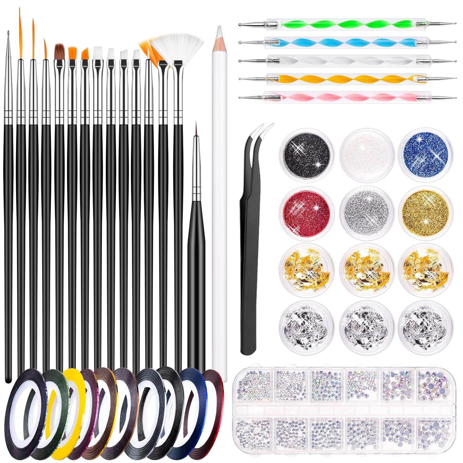 MELLIEX 45 pièces ensemble de décoration d'ongles, pinces à ongles, strass, paillettes, feuille d'or, conception de stylos à points, bande de ruban pour l'art des ongles, ensemble de manucure