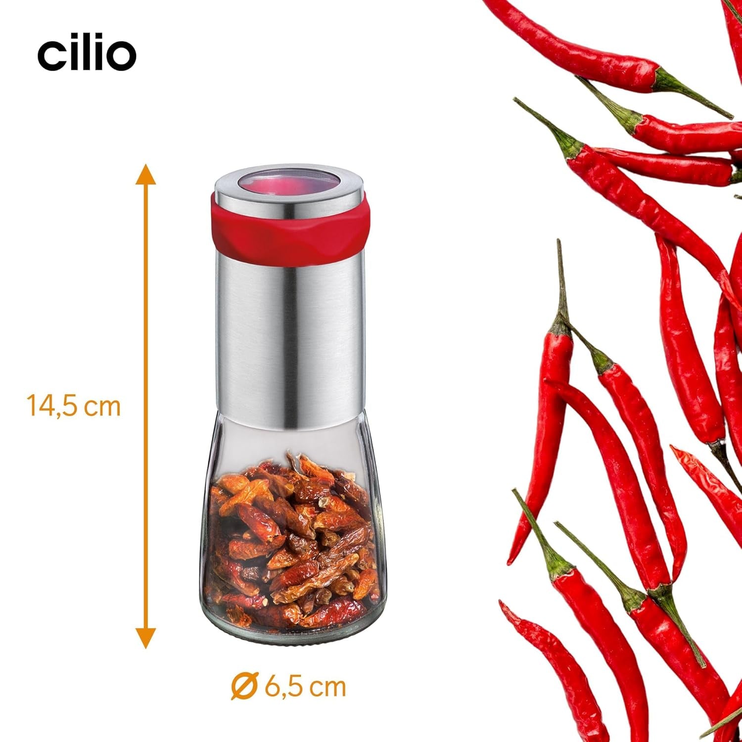 Moulin à piment Cilio PICCANTE, Ø 6,5 cm, H : 14,5 cm, avec couvercle de fermeture Moulins et Trancheuses Naty Shop
