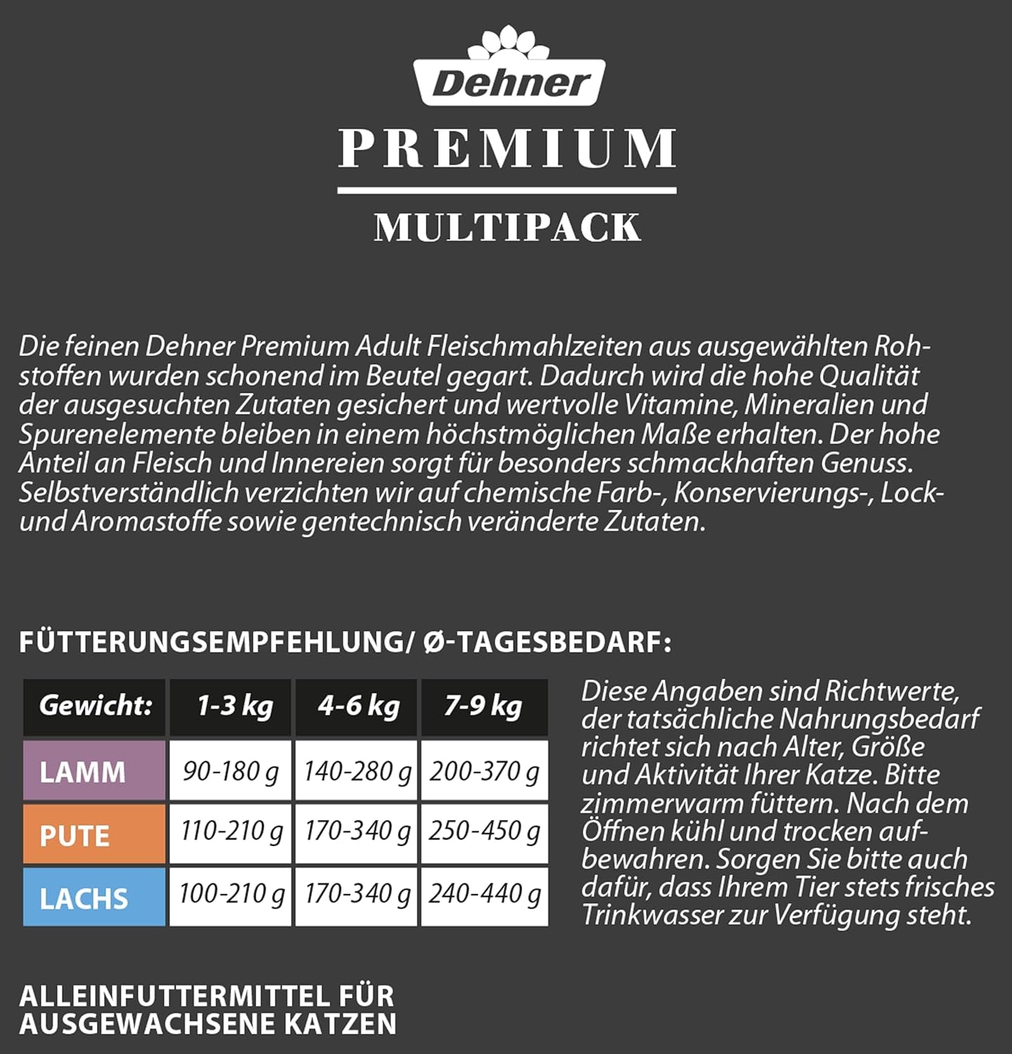Dehner Premium Nourriture humide pour chat, multipack, chats adultes, 4 pièces chacune : agneau/dinde/saumon, 12 sacs x 100 g (1,2 kg)
