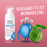 Mousse à fond souple PopoLino Baby au lieu de lingettes humides pour bébé. Mousse nettoyante cosmétique vegan et naturelle ! Mousse inférieure à l'aloe vera, à l'hamamélis, à la bergamote et à la vitamine E. Rend les fesses et l'environnement heureux.