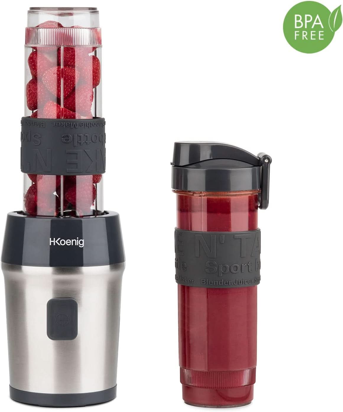 H.Koenig Smoothie Maker SMOO9 - Mini Robot Mixeur - Mini Blender - 300 Watt - 570 Ml - Edelstahl - 2 Kunststoffflaschen - Sans BPA, Grau Kitchen Naty Shop