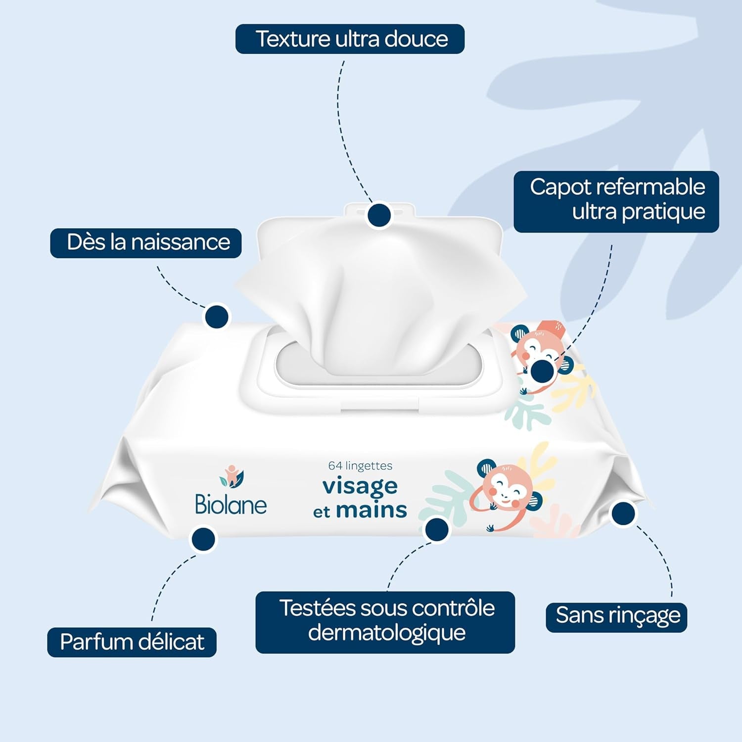 BIOLANE - Lingettes Humides Bébé Visage et Mains - Paquet de 6 - 384 Lingettes (6 x 64 cm) - Nettoie et Protège - Produits de Toilette - Hypoallergéniques - Pour Peaux Sensibles - 97% d'ingrédients naturels - Fabriquées
