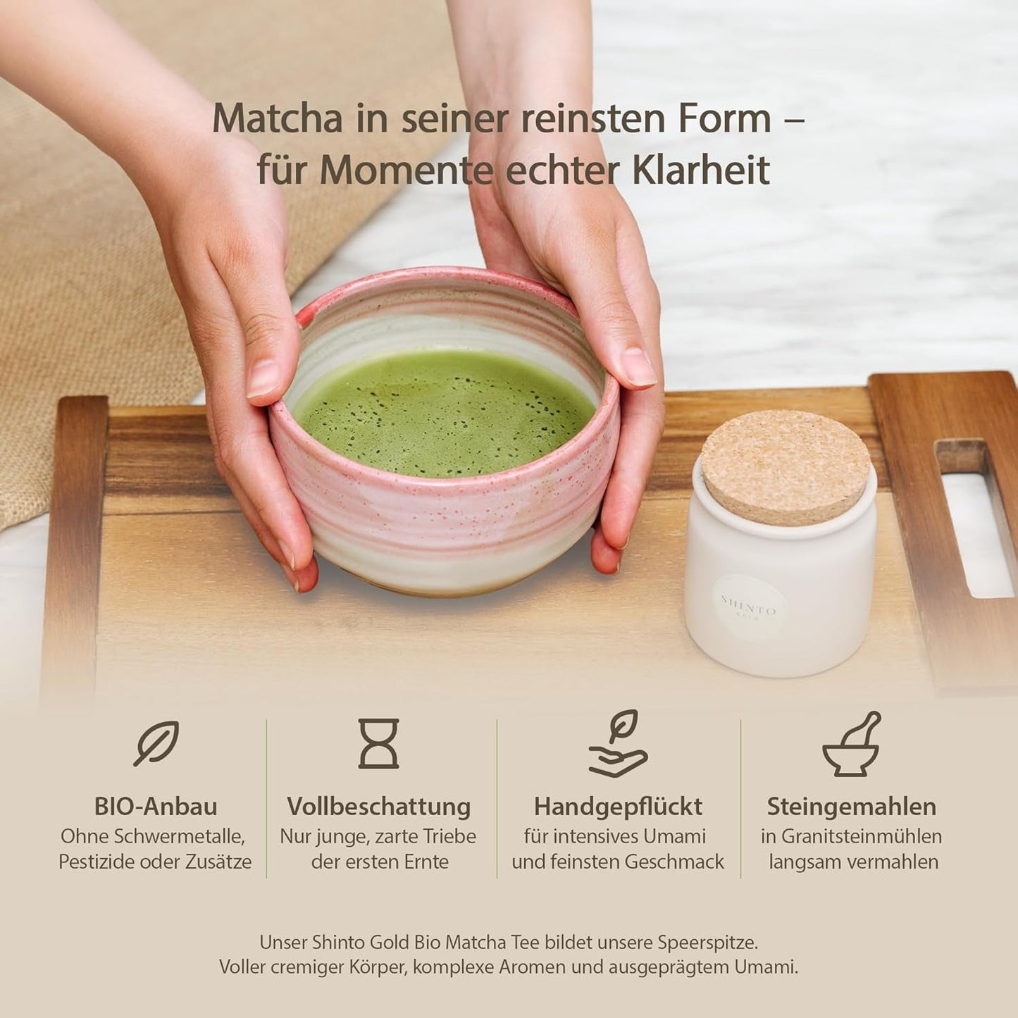 Shinto – Thé Matcha biologique « Gold » – Poudre de thé vert de qualité cérémonielle – Certifié JAS et EU BIO – Ombragé et cueilli à la main – Importation directe d'Uji, Japon – 30 g