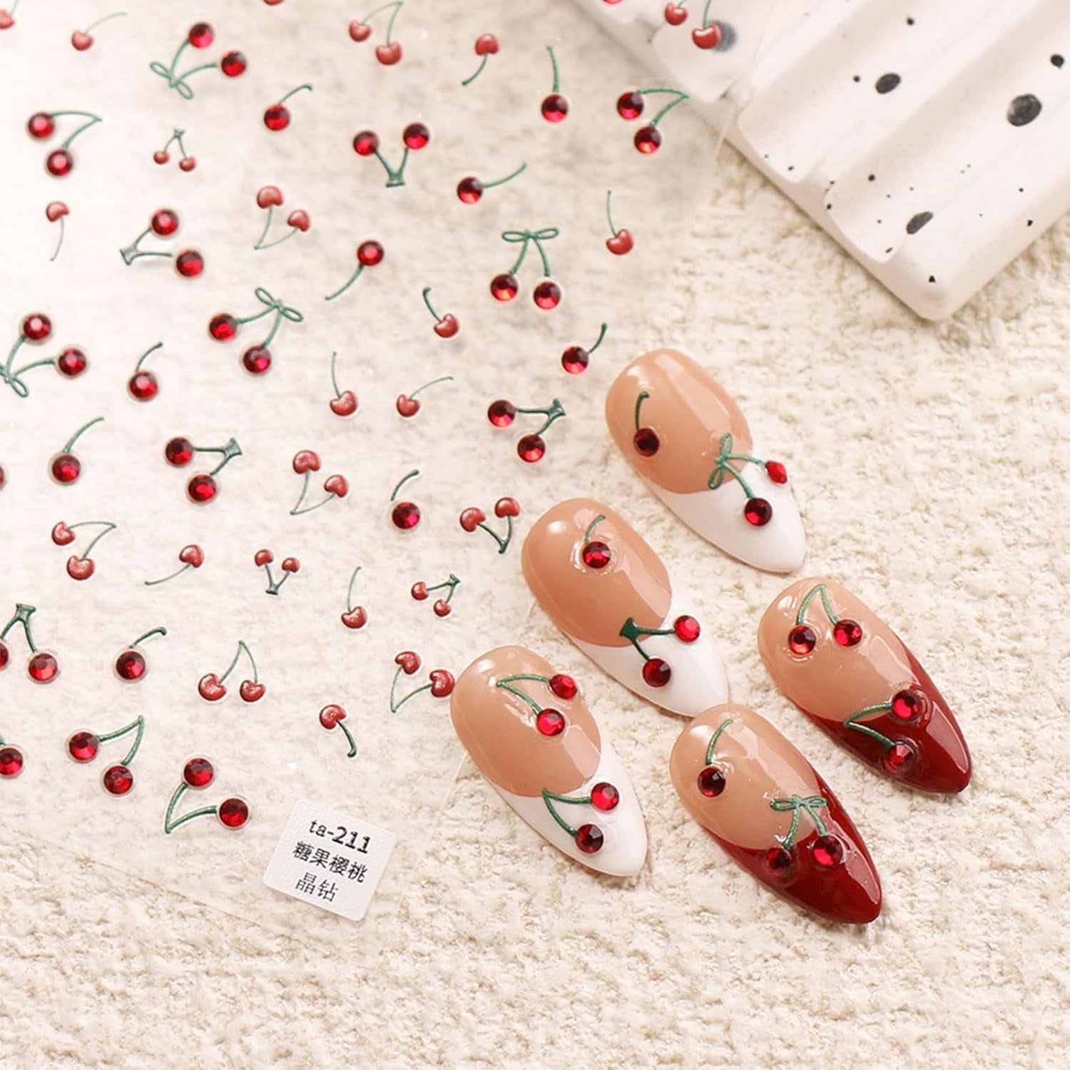JMEOWIO 3D Nagelsticker Kirsche Nail Art Sticker Selbstklebend Nagelaufkleber 5D Stéréoscopique Décoration Nageldesign Zubehör 1 Blatt